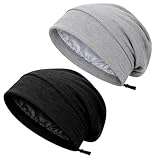 2 Stück Schlafhaube, Satin Schlafhaube Männer, Schlaf Beanie Seide, Schlafmütze Seide, Seidenhaube Zum Schlafen, Unisex Verstellbar Slouch Satin Lined Beanie Für Frauen, Männer (Schwarz, Grau)