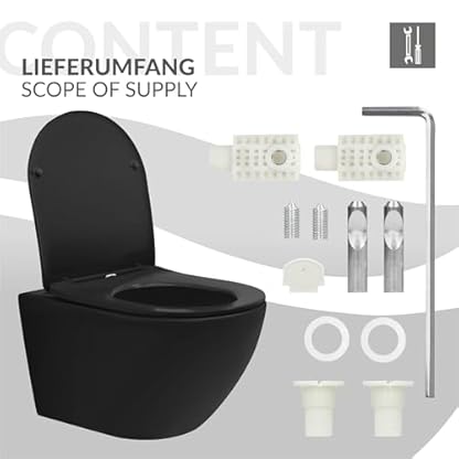 ECD Germany Hänge-WC lang, spülrandlos, schwarz matt, Wand-WC mit WC-Sitz abnehmbar aus Duroplast Softclose Absenkautomatik, Tiefspüler langer Ausladung 52 cm, Toilette aus Sanitärkeramik, Tiefspül-WC – Bild 7