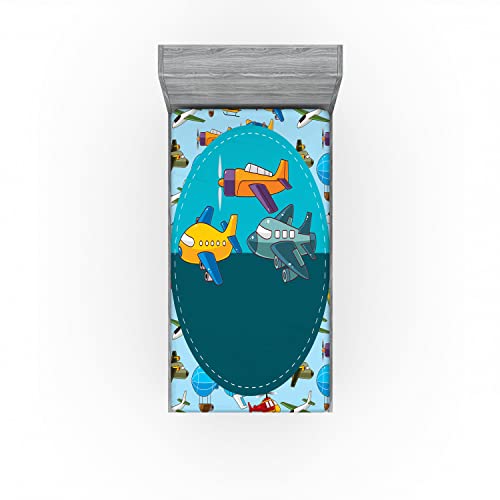 Ambesonne Party Fitted Sheet, Colorful Retro Style Various Cartoon Airplanes Air Balloons Zeppelins Boys, Soft Decorative Fabric Bedding All-Round Elastic Pocket, Twin Size, Sky Blue Teal