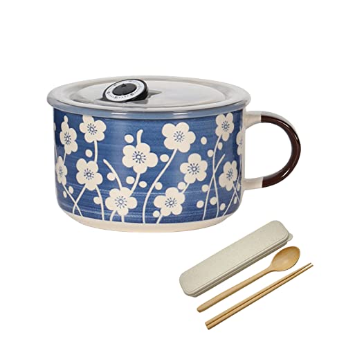 Ciotola for cereali, scodella for zuppa, ciotola for tè, ciotola for noodle istantanei in ceramica giapponese da 800 ml, a forma di tazza di porcellana con coperchio e manico, ciotola for cereali for