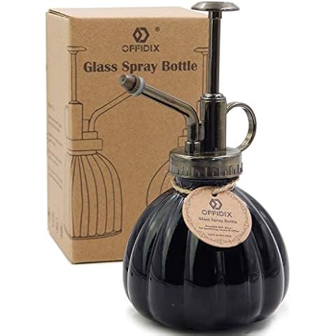 OFFIDIX Plant Mister Flower Watering Can, 6.3" Tall Vintage Pumpkin Style Black Color Glass Spray Bottle & Bronze Plastic Top Pump Ideal for Watering Small Plants Inside Home or Office Cover