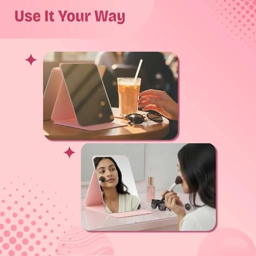 Image of Frameless Foldable HD Glass Makeup Mirror with Adjustable Stand Tabletop Travel Vanity Mirror for Makeup, Travel, Office, Home Use 16x11cm Pink