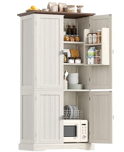 Akxomel 53.1\" H Tall Bathroom Storage Cabinet with 4 Door Shelves, Farmhouse Kitchen Pantry Cabinet with 4 Doors, Linen Bathroom Floor Cabinet for Kitchen, Bathroom, Living Room, Rustic White - Thumbnail 7