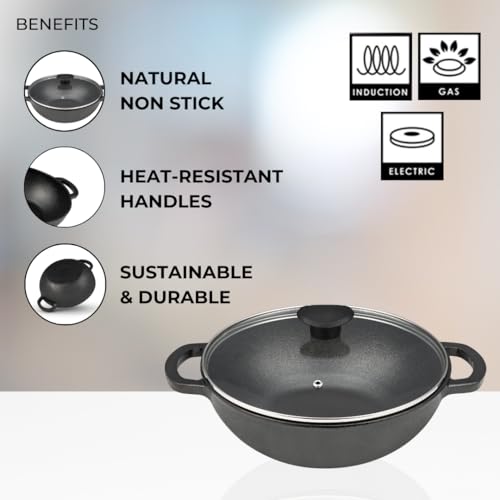 Image of Pencil Pre-Seasoned Cast Iron Kadhai /Kadai with Glass Lid 24 cm | Cast Iron Handles | Compatible with Gas Stoves & Induction | Naturally Nonstick | 100% Pure & Toxin-Free | No Chemical Coating | Black