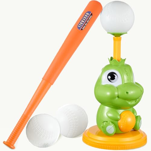Dinoland Pop-Up T-Ball Set, Green Dinosaur Tee with Bat and 3 Balls, Indoor Outdoor Baseball Training Toy for Kids Ages 3-8