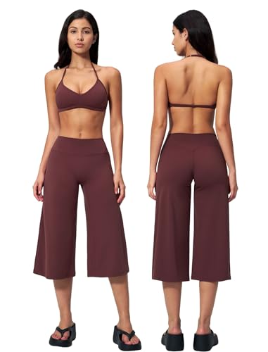 QBGJTD Womens Workout Sets Two Piece Halter Neck Open Back Sport Bra Matching Straight Wide Leg Capri Pants 2 Piece For Women Gym Yoga Active Wear Pilates Outfits Athletic Work Out Set Burgundy M