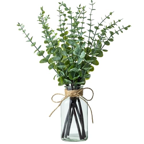 wangsdjy 17" Artificial Eucalyptus Stems in Glass Vase, Fake Plants