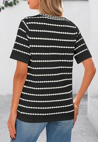 Image of NALANISA Women's Short Sleeve Sweater Spring Summer Crochet Knit Tops 2026 V Neck Striped Button Down Dressy Casual Blouses