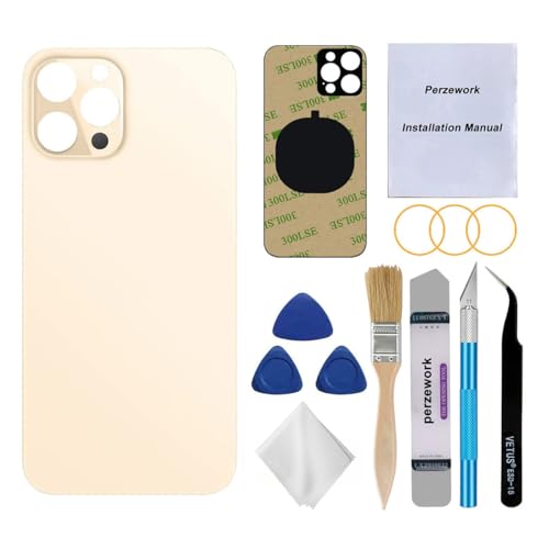 Perzework OEM Rear Back Glass Replacement (Gold) Compatible with iPhone 12 pro max 6.7 inches All Carriers with Pre-Installed Adhesive and Repairing Tool Kits