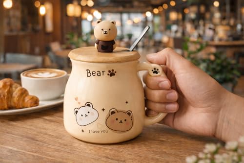 Image of Coffee Mug, Gift for Woman, Birthday Present for Girlfriend, Present for Wife Birthday, Mugs for Present, Holi Gifts, Panda Mug with Lid & Spoon (Cute Bear)