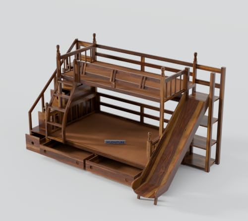 Image of Wudniture Solid Sheesham Wood Bunk Bed with Slide and Storage for Kids and Adults (Teak Finish)