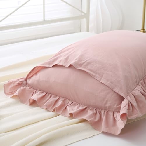 Mywinlle Ruffle Pillowcases Farmhouse Pillow Shams Standard Set Of 2,Shabby Dusty Pink Ruffled Pillow Caseswashed Cotton Pillow Cover -20 Inchx26 Inch thumb #4