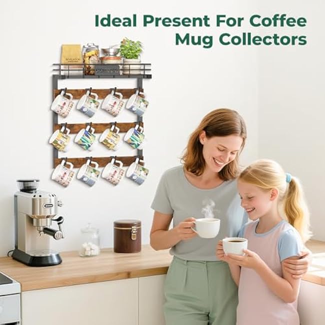 EsLuker.ly Coffee Mug Holder Wall Mounted Display Rack, Black Metal Cup Hanger Organizer with 12 Movable Plastic Hooks, Wood Rustic Shelf for Coffee Bar Home Kitchen, Thoughtful Wall Storage