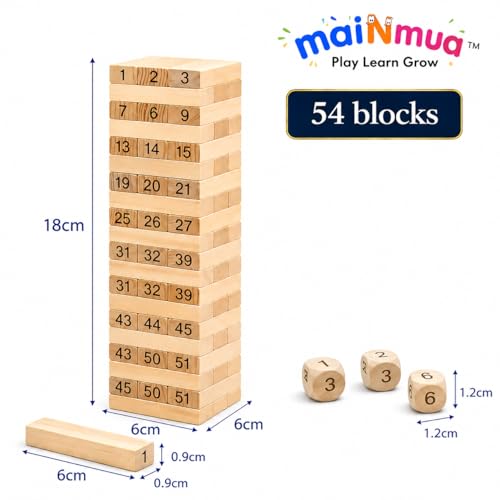 Image of Wooden Kids Tumbling Tower Number Game Blocks Set 54 PCS- Mini Stacking Tower for Indoor Stacking & Balancing Play,Wooden Building Block,Party Game,Brain Teaser-4 Dices (Kids (Mini) Tower)