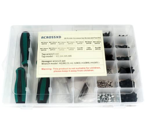 ACROSSXD 3D Printer Accessories Screw Tool Kit, Allen Wrench Driver, Tweezers, Metric Bolts and Nuts Set, M2,M3, M4, M5 12.9 Alloy with Assortment Box for Ender 3 Upgrade,DIY Projects and Handcraft