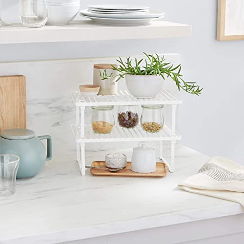 Image of Amazon Basics Space-Saving Stackable Metal Kitchen Cabinet Organizer Shelves for Dishes, Pantry Organization, 12.5 inch L x 8 inch D x 4.5 inch H, Set of 2, White