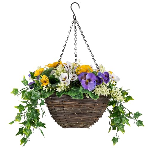 CHRISTOW Artificial Pansy Hanging Basket - Wicker Garden Planter with Purple Yellow & White Flowers, UV-Resistant PE Leaves, Pre-Fitted Triple Steel Chain, 25cm Diameter