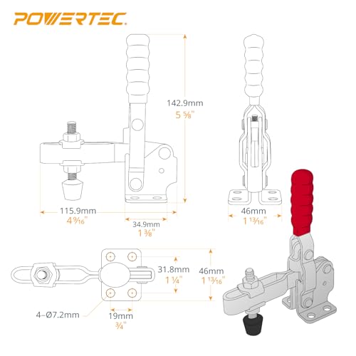 Image of POWERTEC 4PK Toggle Clamp, 500 lbs Capacity, 12130 Quick Release Vertical Clamps w /Antislip Rubber Pressure Tip for Woodworking Jigs and Fixtures, Welding, Drill Press, Crosscut Sled (20335-P2)