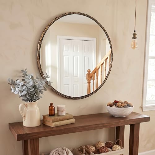 Image of ANDY STAR Hand-Forged Round Bathroom Mirror, 24 Inch Oil Rubbed Bronze Vanity Circular Mirror, Solid Steel Antique Hammered Rounded Mirrors for Wall Decor, Washroom, Entry, Fireplace