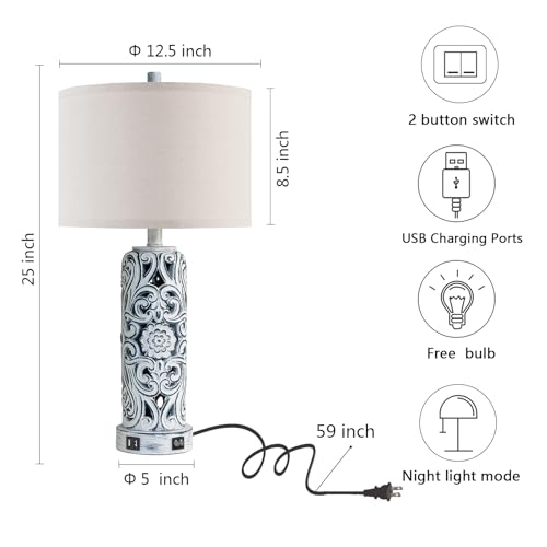 25'' Vintage Coastal Table Lamp Bedside Lamps Set of 2, Farmhouse Table Lamps with Dual USB Ports for Bedroom, Wash Blue Hollow Out Resin Lamp with Nightlight for End Table, 2 Bulbs Included - Image 6