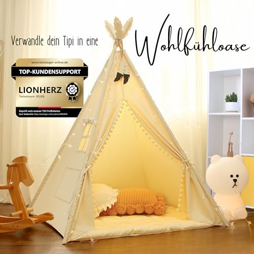 LIONHERZ® Tipi-Matte mit Bänder 120x120cm | gepolsterte Bodendecke für Spielzelt/Spielhaus | weiche quadratische Spieldecke für Kinder| abgesteppte Einlage/Unterlage zum Binden (Sunny Cream)