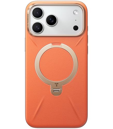 TORRAS iPhone 17 Pro Max 用 ケース【新感覚レザー・スキンタッチ】Ostand Q3 レザートーン MagSafe対応 リング スタンド 360°定点回転 縦横両対応 マグネット搭載 革 カメラコントロールボタン 米軍規格 耐衝撃 指紋防止 Q3 Vegskin ファイアオパール ・オレンジ
