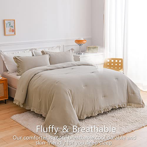 Aikasy Khaki Ruffle Comforter Queen, 3 Pieces Vintage Ruffle Fringe Comforter, Farmhouse Rustic Microfiber Down Alternative Bedding Comforter Set (1 Comforter + 2 Pillow Shams) #TOP3