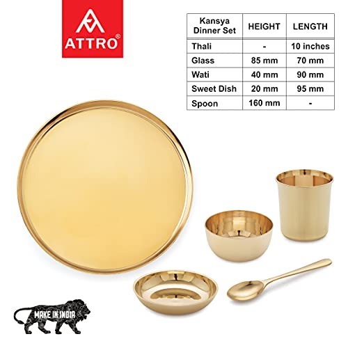 Image of Attro Satvik Kansa /Bronze Dinner /Thali Set,5 Pieces, (Model: ATTRO KANSA DN Set), Gold