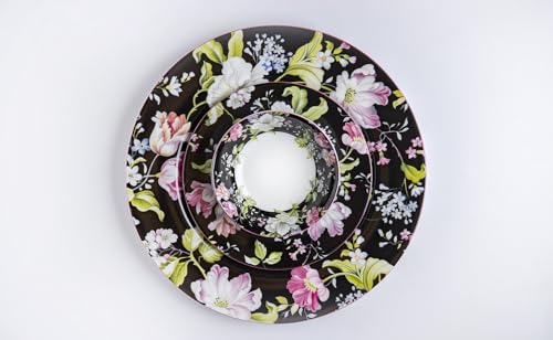 Image of GOLDEN QUEEN'S Handcrafted 12 Pieces Dinner Set | 4 Dinner Plates, 4 Small Bowls & 4 Snack Plates | Perfect for Hosting Guests and Daily Meals - Garden Splendor Black