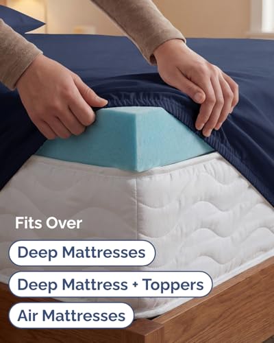 Image of Extra Deep Twin XL Sheet Set - 4 Piece Breathable & Cooling - Navy Blue | Hotel Luxury Bed Sheets Set, Easy & Secure Fit, Ultra-Soft, Wrinkle & Fade Free, Comfy Sheets Set with Extra Deep Pockets