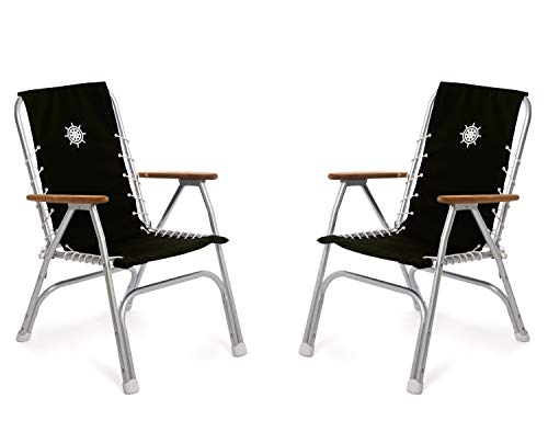 FORMA MARINE Boat Chairs High Back Black Deck Folding Marine Aluminum Teak Furniture Set of 2 M150BL