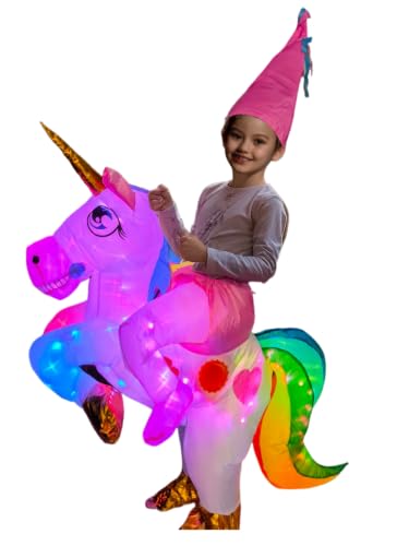 bDDeDD Kids Inflatable Costume Riding Unicorn Air Blow-up Deluxe with LED Light for Halloween Party Unicorn M