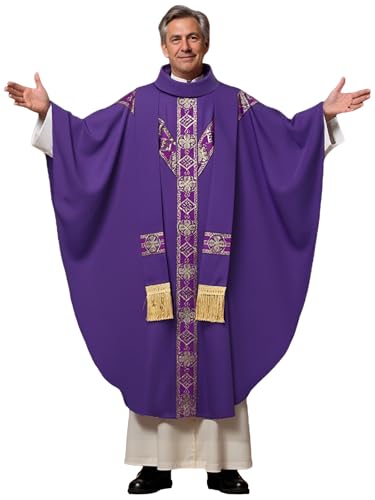 Clergy Elegance Church Vestments for Catholic Priests Chasuble Mass Round Collar Robe with Pastor Stole
