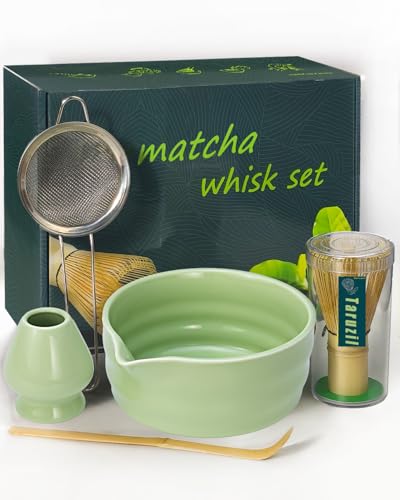 Taruzil Matcha Whisk Set with Matcha Bowl, Matcha Bamboo Whisk, Scoop, Sifter, Matcha Kit Holder Unique Gifts for Women Men Girl Friend Home Kitchen Decor Gifts for Christmas, Birthday（Light Green）