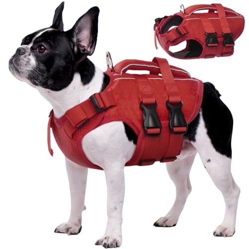 Kuoser犬用ライフジャケット 小型犬用 高浮力 反射テープ付き 高視認性 調節可能 犬用ライフセーバー 救命胴衣 水泳 プール 水遊び レッドXS(SS)