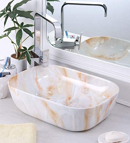Image of REMOTION Designer Glossy Finish Table Top Ceramic Wash Basin Vessel Sink with Slim Rim |Collapsible Wash Basin | Vessel Sinks For Bathrooms (White-Cream Strip Wash Basin, 18 x 13 x 5.5 Inch)