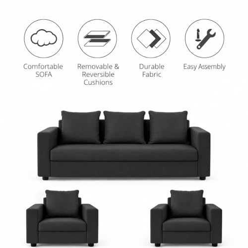 Image of Wood 3+1+1 Sofa Set 5 Seater | Velvet Fabric Upholstery | Wooden Frame Sofa Set with 3 Seater & 2 Single Chairs for Living Room, Home & Office (Dark Grey)