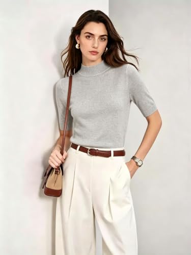 Image of Women Mock Neck Short Sleeve Knit Top All-Season Light Sweater