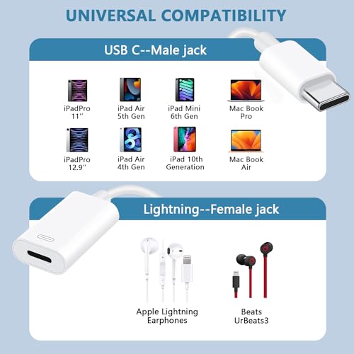 USB C to Lightning Headphone Audio Adapter for iPhone 16 15 Plus Pro Max with Charge Data,Type C Male to Female Lightning Earphone Converter Dongle for iPad Pro Air Mini MacBook