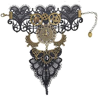 MEiySH Gothic Lolita Retro Steampunk Gear Lace Slave Bracelet Wristband Black Flower Ring (Bracelet-92)
