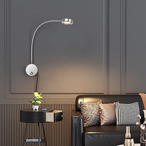 ERWEY Lampe de Lecture Murale, Lampe de Chevet LED Chambre Applique avec Bouton Tactile Lumière Réglable 3000K-6000K, 3W 360° Lampe Col de Cygne Flexible avec Port de Charge USB, Argent - Image 8