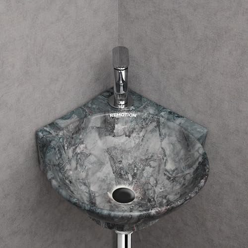 Image of REMOTION Wall Mounted Wash Basin for Bathroom | Wall Hung Corner Sink | Ceramic Round Wall Hung Wash Basin | Wall Hung Small Corner Basin (16.3 x 13.8 x 4.3 Inch) (Marble Blue)