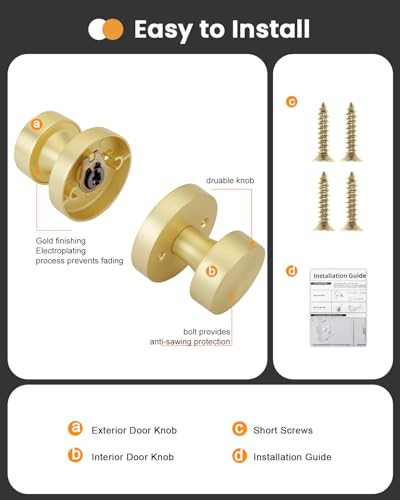 Image of Goldenwarm Gold Door Knobs Dummy, Zinc Alloy Keyless Brushed Gold Door Knobs for Closet and Bifold - Single Side Non Turning (2 Pack /4 Pieces)