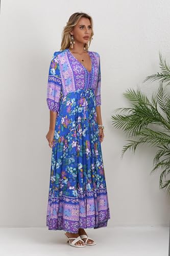 Image of Women Short Sleeve V Neck Floral Print Casual Bohemian Maxi Dresses