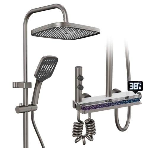 LANMOU Columna de Ducha con Grifo, Duchas de Baño Columna con Pantalla de Temperatura, 4 en 1 Teclas de PIANO, Cabezal de Lluvia 30x20 y Alcachofa 3 Modos, Acero Inoxidable ＆Latón, Gris