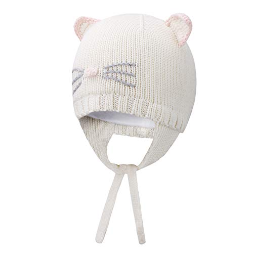 Vivobiniya Baby Winter Hats Toddler boy and Girl Knit Hats Earmuff hat 0-6y (0-6M, White(cat))