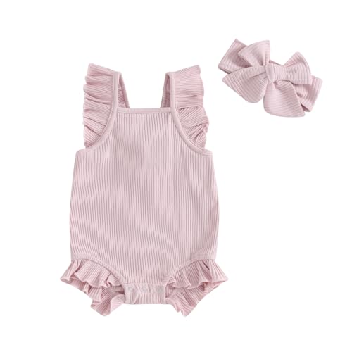 Image of Infant Baby Girl Summer Clothes Flying Sleeve Solid Color Ruffle Romper with Headband Bodysuit Outfits