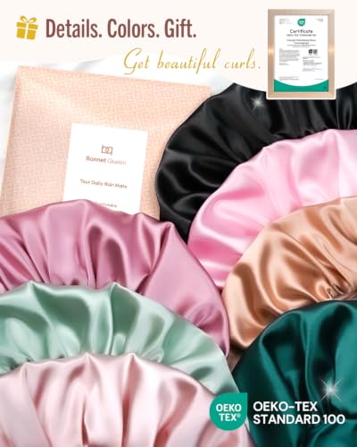 Image of BONNET QUEEN Silk Bonnet for Sleeping for Women Satin Bonnet Night Cap for Curly Hair with Tie Band, Darkish Green
