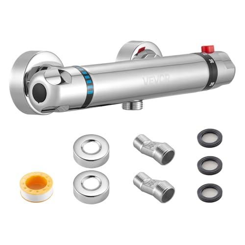 VEVOR Miscelatore Doccia Termostatico Rubinetto Doccia con Blocco di Sicurezza a 38°C Valvole di Controllo della Temperatura con Acqua Calda e Fredda per Camper Hotel con Rivestimento Cromato Argento