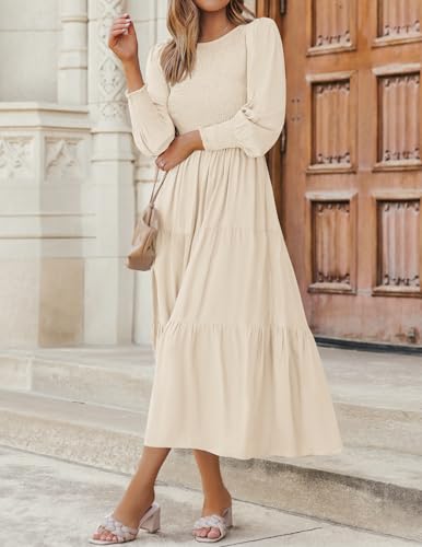 ZESICA Women's Casual Long Sleeve Crew Neck High Waist Smocked Flowy Tiered Midi Dress4